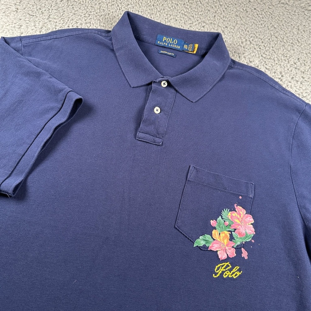 Polo Ralph Lauren Men's Polo Shirt 2XL Navy Cotton‎ Floral Custom Slim Fit
